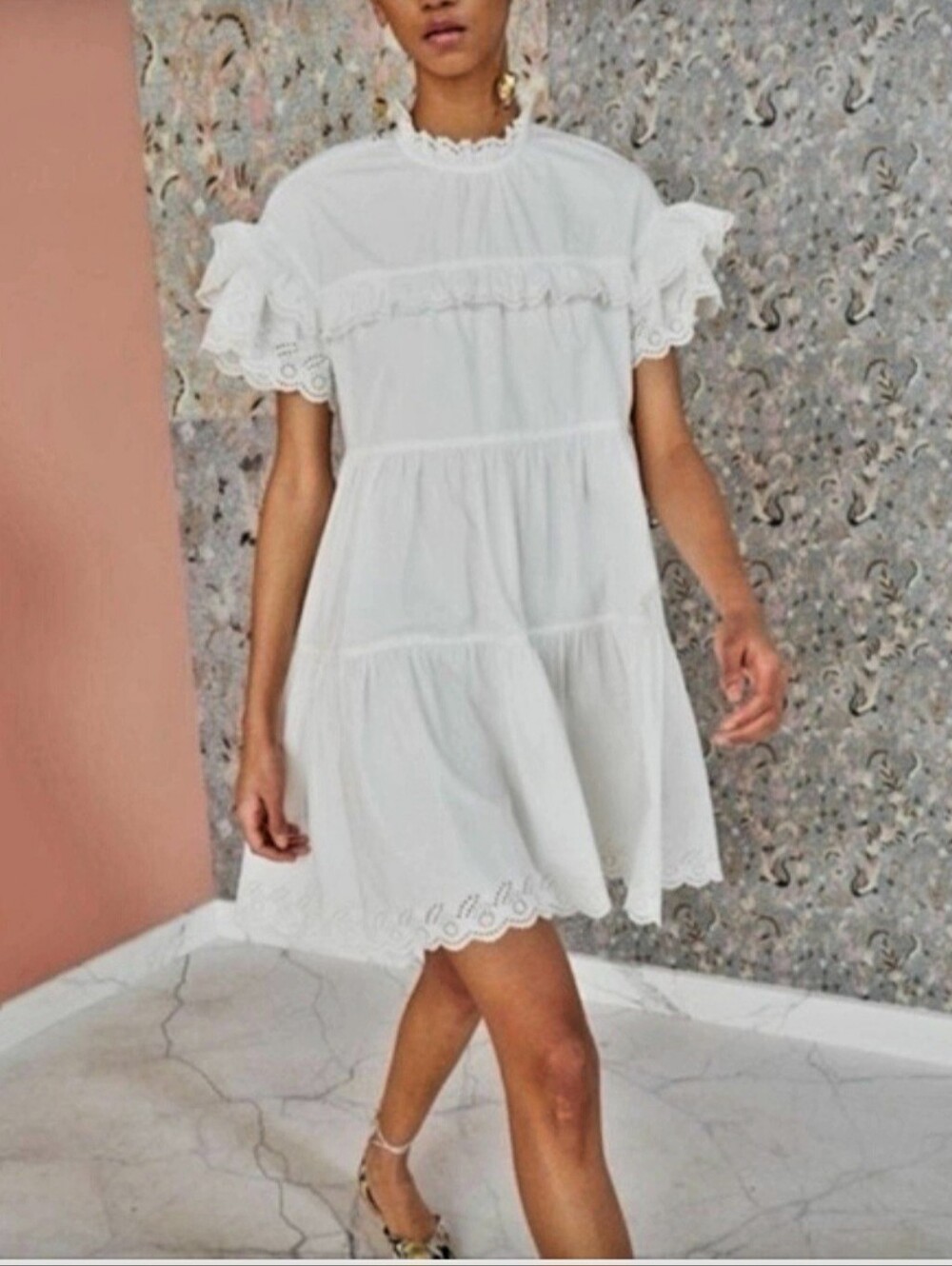 Ulla Johnson blanc leonie eyelet trapeze ruffled high neckline mini dress white.